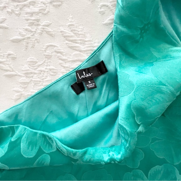 NWOT Lulus Chasing Desire Teal Green Satin Jacquard One-Shoulder Maxi Dress - Picture 3 of 6